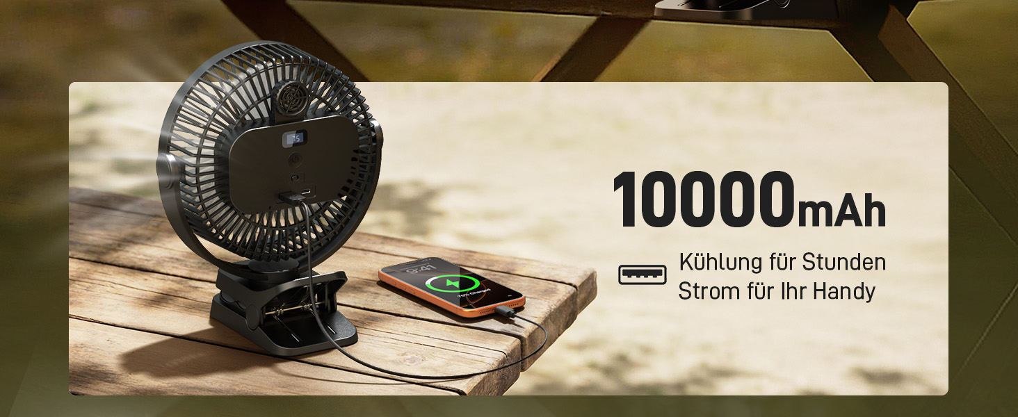 Кліпс-вентилятор EasyAcc 10000mAh з Powerbank, 5 швидкостей, LED-дисплеєм та гачком 360° для кемпінгу, гроубоксу та дитячого візочка, чорний (F08)