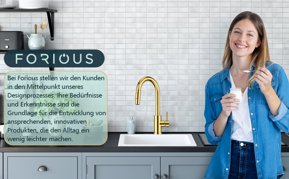 Кран кухонний FORIOUS, Чорний, з висувною лійкою, поворотний на 360°, з покриттям Gold