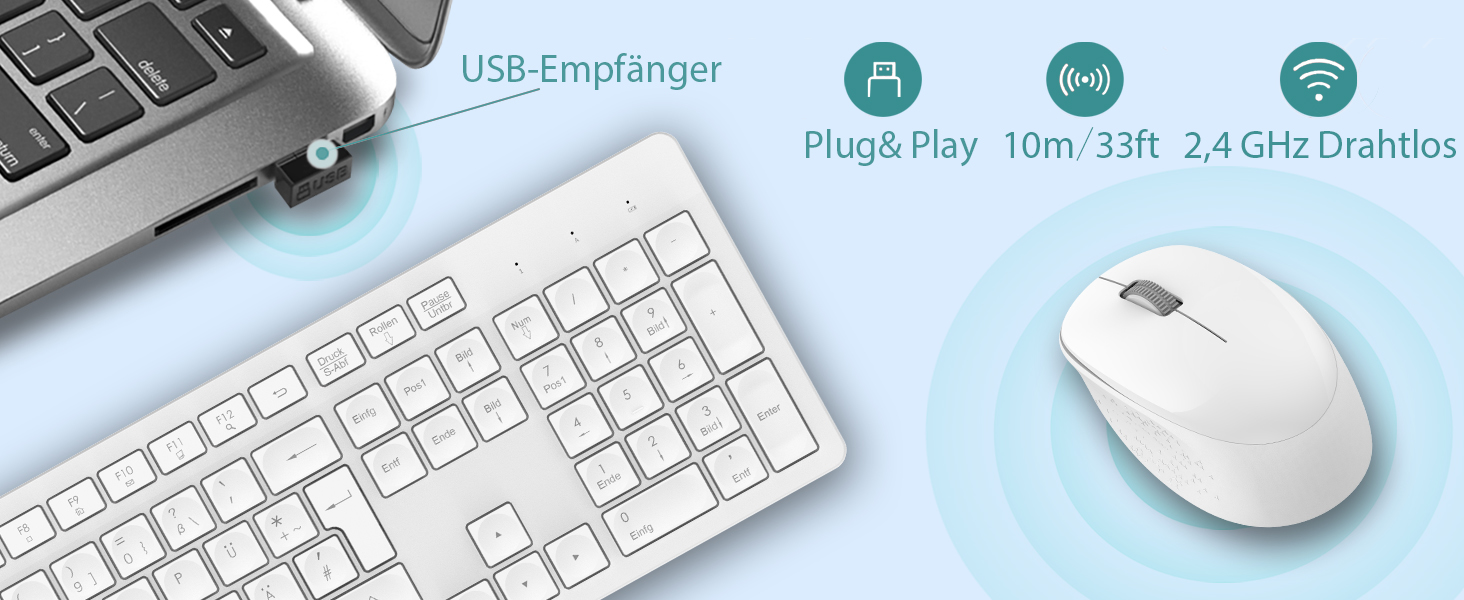 Бездротовий комплект клавіатури та миші Leadsail K786 з цифровою клавіатурою QWERTZ (німецька) - тиха клавіатура, 2.4 GHz, USB Nano приймач для ПК/ноутбука (білий)