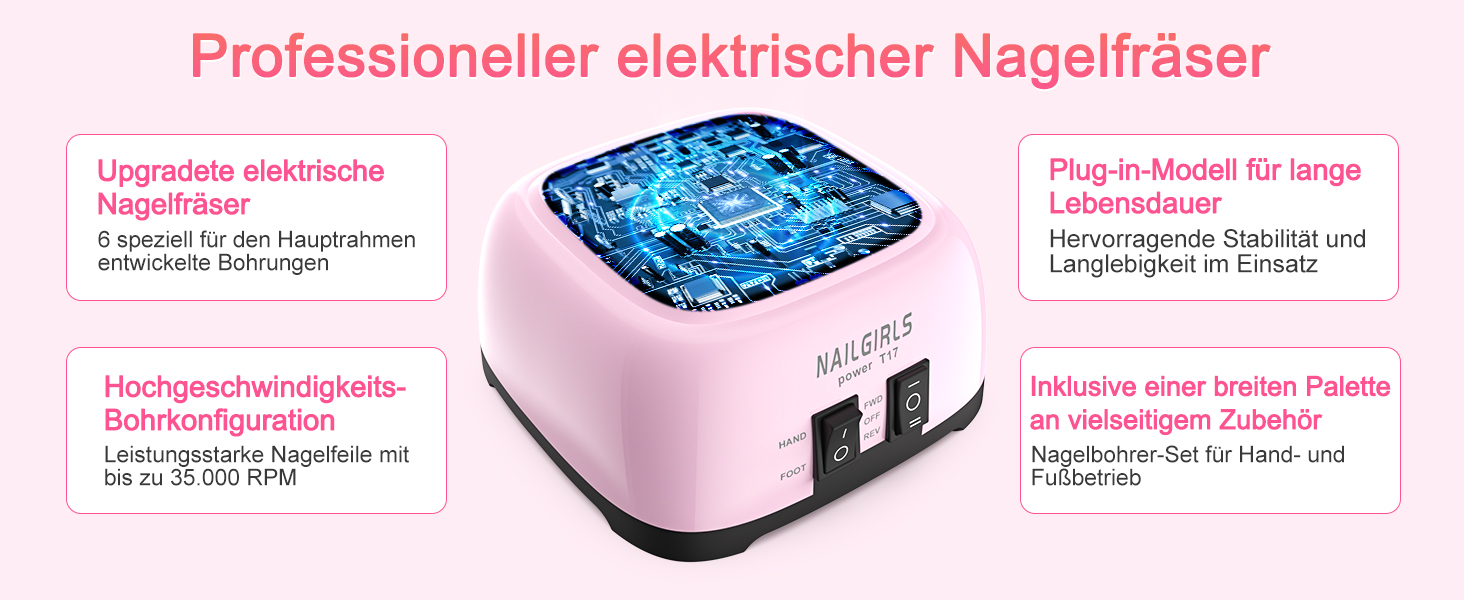 Електричний фрезер для нігтів Nailgirls 11 в 1 з педаллю, 35000 об/хв, для гель-лаку, манікюру та педикюру (Рожевий)