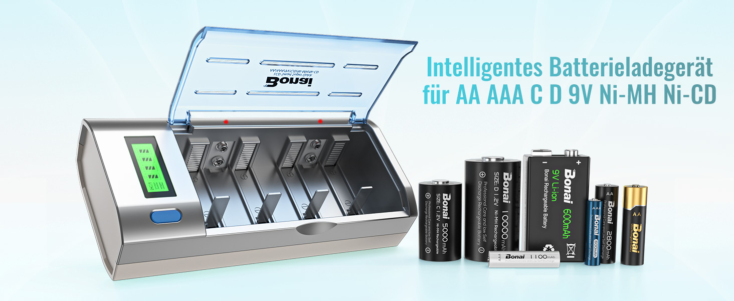 Інтелектуальний зарядний пристрій BONAI для акумуляторів AA/AAA/SC/C/D NI-MH з LCD дисплеєм та функцією розряду, AC