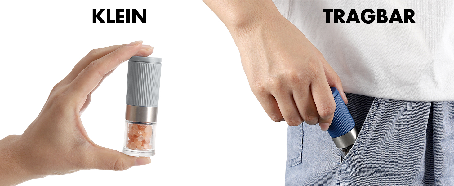 Набір міні-меленців для солі та перцю Vzaahu (2 шт.) з керамічним механізмом, кориця, регульована ступінь помелу, сірий та блакитний, портативні, багаторазові