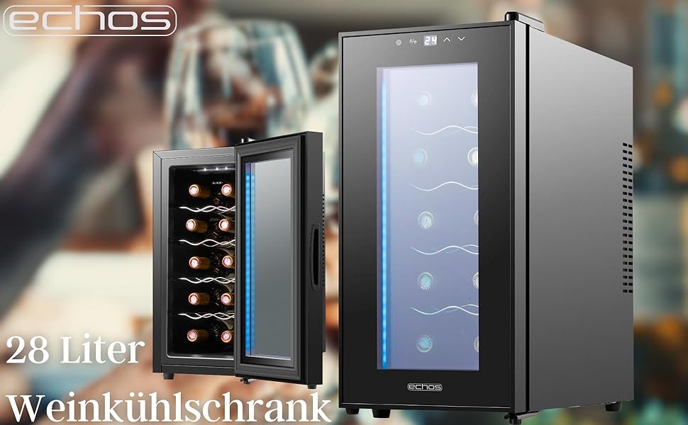 Echos 10-Bottle Wine Cooler Refrigerator - 28 Liter Capacity with LED Lighting - Mini Wine Refrigerator & Minibar with Glass Door