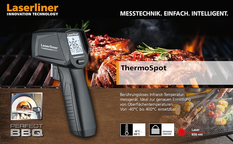 Лазерний термометр Laserliner ThermoSpot: вимірювання температури від -38°C до 365°C, 8-точкова лазерна точка, Auto-Hold, MAX-індикатор