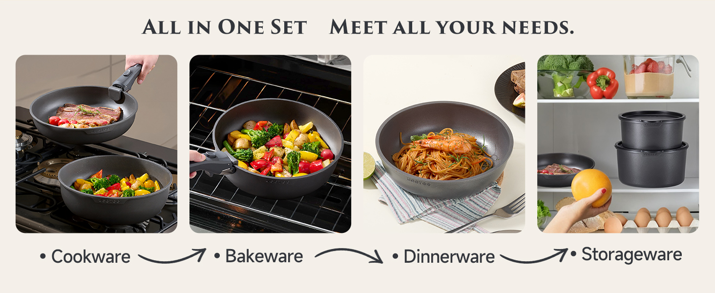 Набір посуду JEETEE 20 предметів з антипригарним титановим покриттям та знімною ручкою, для індукційних плит, з кришками, сірий