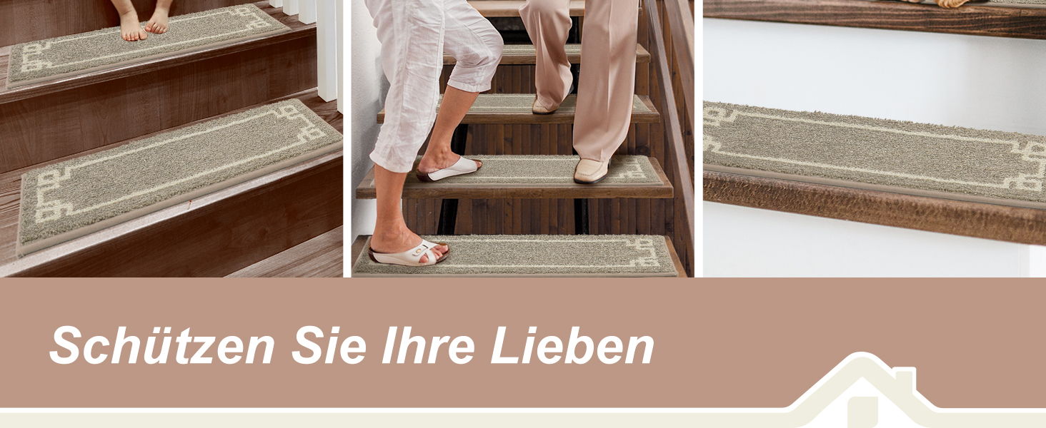 Килимочки на сходи BEQHAUSE, набір з 15 шт., самоклеючі, для дітей, літніх людей та домашніх тварин, 100% поліестер, TPE-підкладка, 22x70 см, бежевий