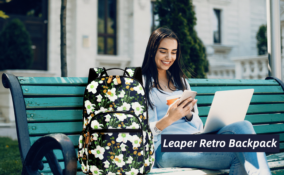 Шкільний рюкзак Leaper з квітковим принтом, сумка-рюкзак, сумочка для книг, дамська сумка 42 л, темно-синій з білим, 2 шт.