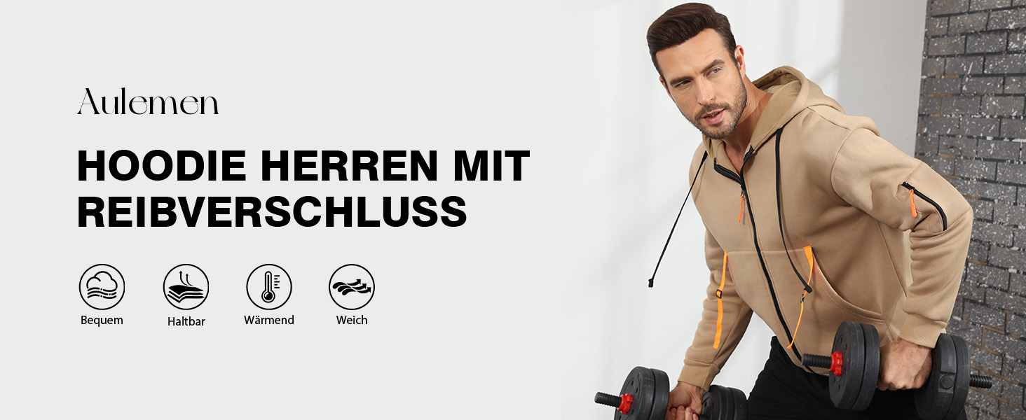 Світшот з капюшоном Aulemen для чоловіків з блискавкою, лангрукав, slim fit, декілька кишень, для повсякденного носіння та спорту, сірий, 3XL