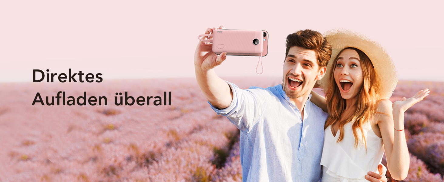 Powerbank VRURC 10000mAh з кабелем: портативний зарядний пристрій USB-C з LED дисплеєм та 5 виходами для iPhone, Huawei, Samsung та інших смартфонів - Рожевий