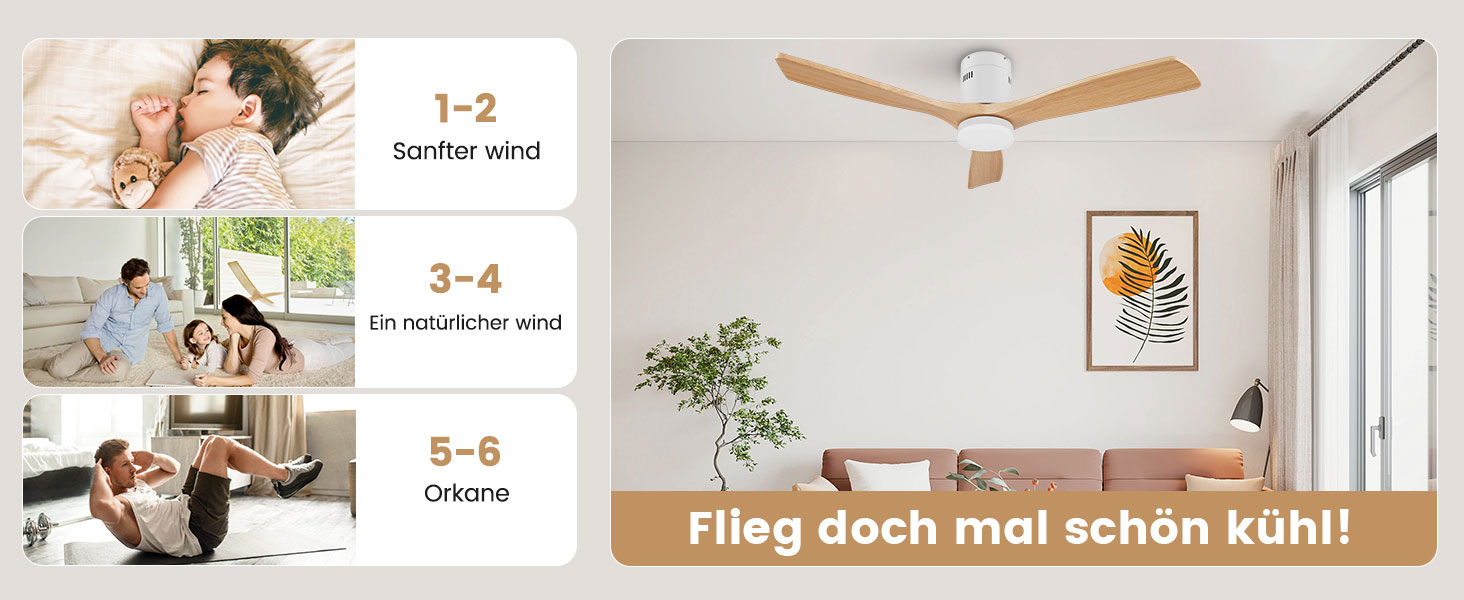 Стеляний вентилятор Holz з підсвічуванням, регулюванням яскравості LED 24W, тихий DC-двигун 38W, діаметр 132 см, з пультом дистанційного керування та таймером, 6 швидкостей, дерев'яний дизайн