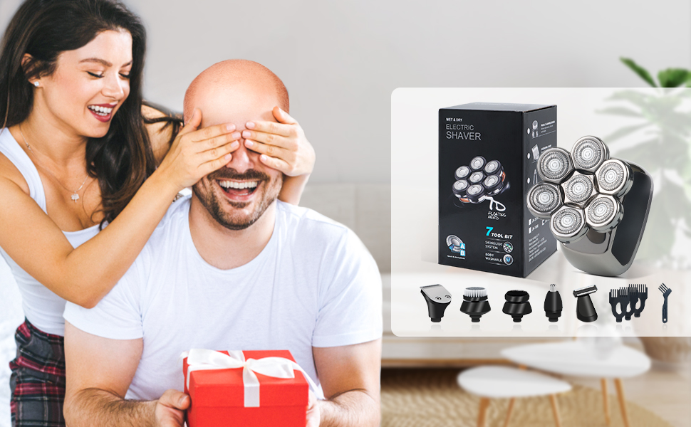 Електрична машинка для гоління голови Qhecomce 6-в-1, чоловіча, з 7 плаваючими головками, для сухого та вологого гоління, чорна