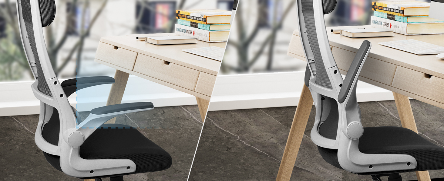 Ергономічне крісло для офісу з регульованою підголівником, крісло для робочого столу з сітки, відкидні підлокітники, широке сидіння, функція гойдання, комп'ютерне крісло EN 1335, офісне крісло 200 кг (чорно-біле)