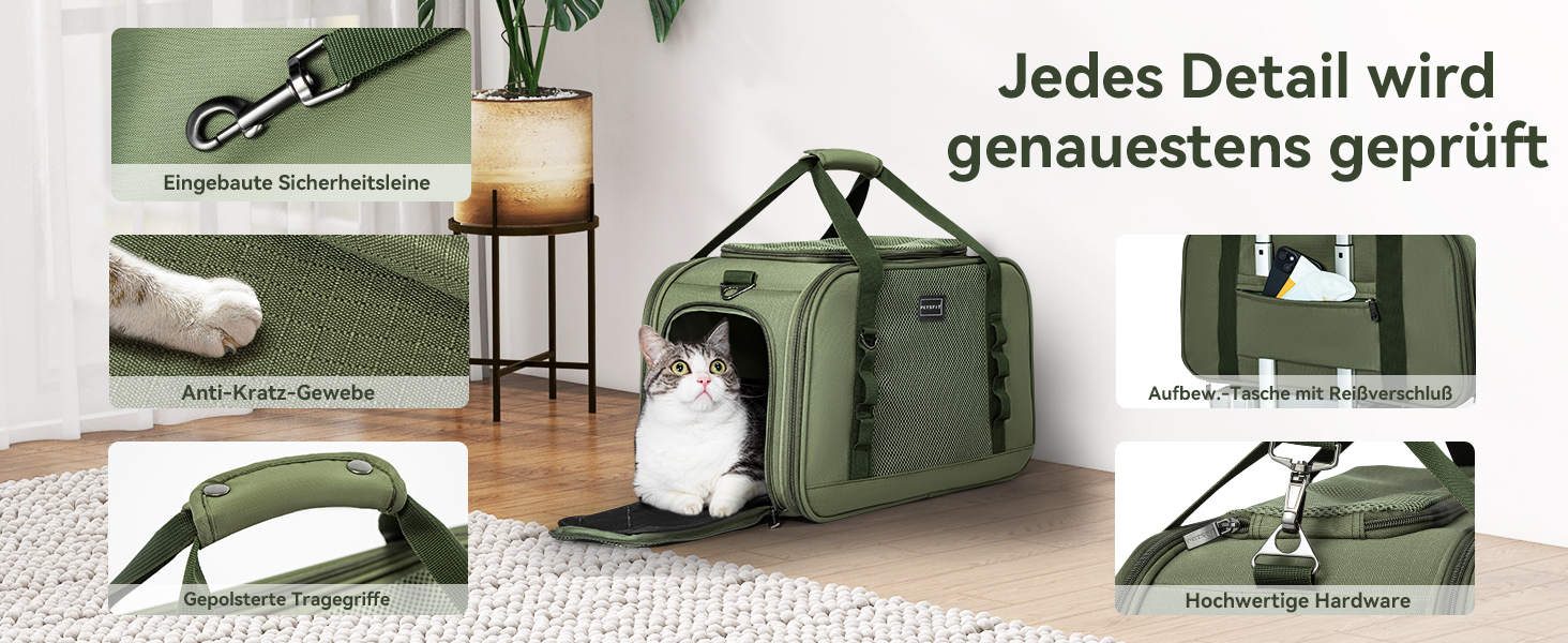 Транспортна переноска для кота та собаки Petsfit - міцна, дихаюча, з ковдрою та ручкою-телескопом, оливковий (49x23x28 см)