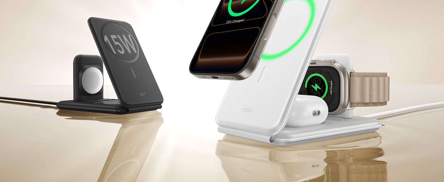 Зарядний станція 3-в-1 ESR для Apple Watch та iPhone з MagSafe, складана, з чохлом (білий)