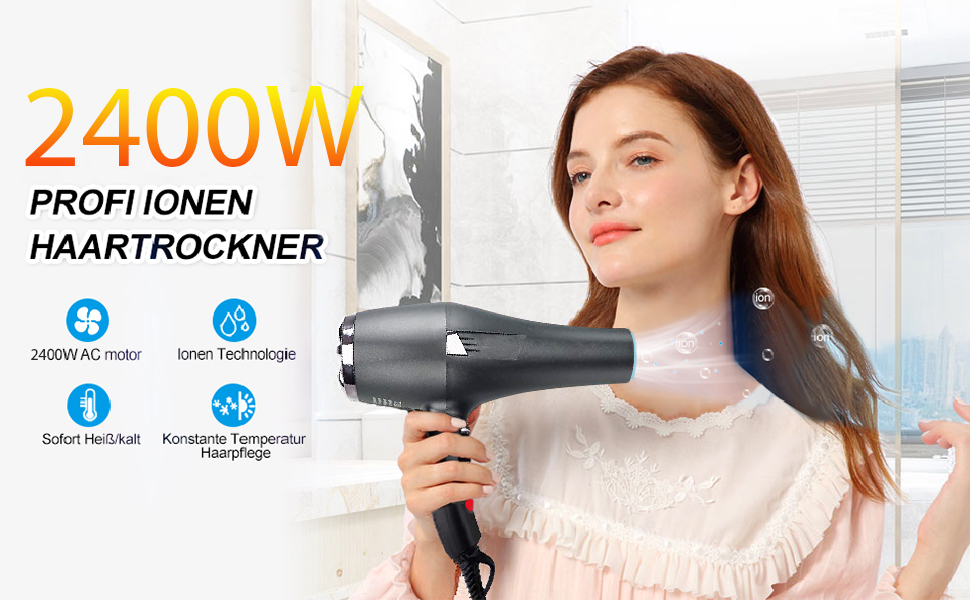 Іонний фен LOEVERY з потужним AC мотором 2400W, дифузором та 3 насадками, для професійного та домашнього використання, чорний