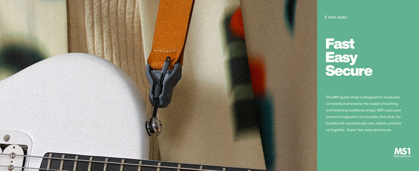 Магнітний ремінь для гітари, басу та укулеле ENYA – Швидке закриття, регулювання однією рукою, з імітацією шкіри, чорний