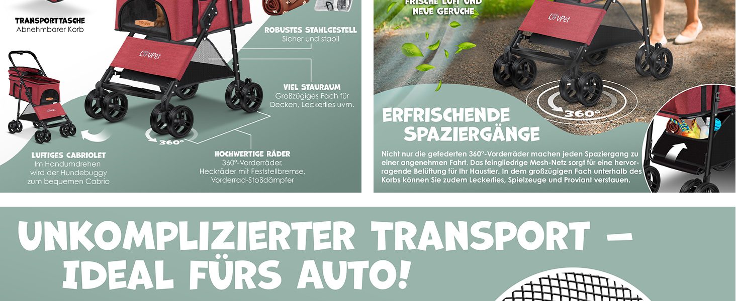 LOVPET® 2-in-1 Pet Stroller - Dog Buggy, Carrier & Jogger for Pets up to 20kg - Foldable, Grey