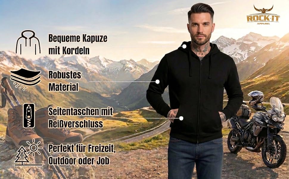 Чоловіча куртка-худі ROCK-IT Apparel на блискавці з капюшоном та бічними кишенями, Regular Fit, преміум тканина, чорна, розмір 4XL
