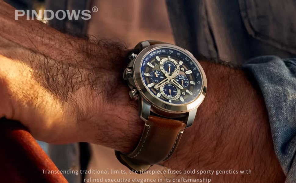 Чоловічий годинник PINDOWS з хронографом, кварцовий, аналоговий, водонепроникний, чорний корпус, чорний/коричневий ремінець, помаранчевий циферблат