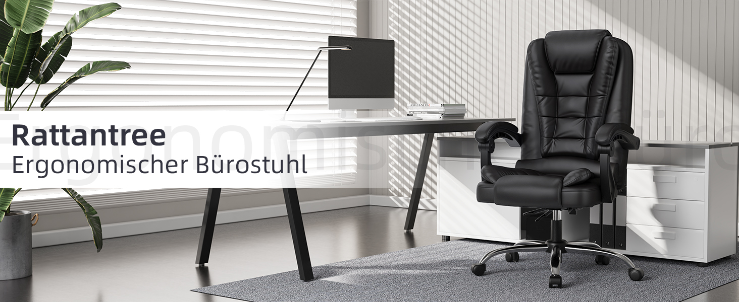 Крісло шеф-кухар Rattantree: ергономічне офісне крісло з регулюванням висоти та нахилу, PU шкіра, чорний колір, без підніжки