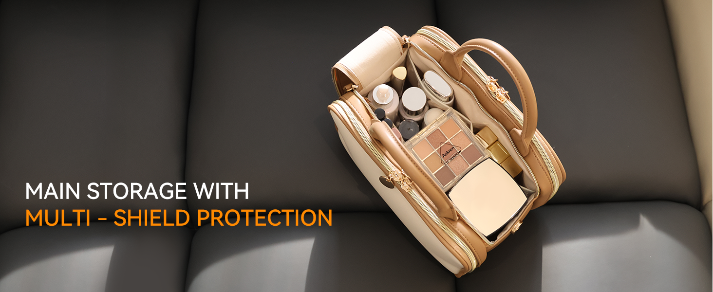 Косметичка для макіяжу Prite з великою місткістю, водонепроникна, з ручкою та кількома відділеннями, бежево-коричнева