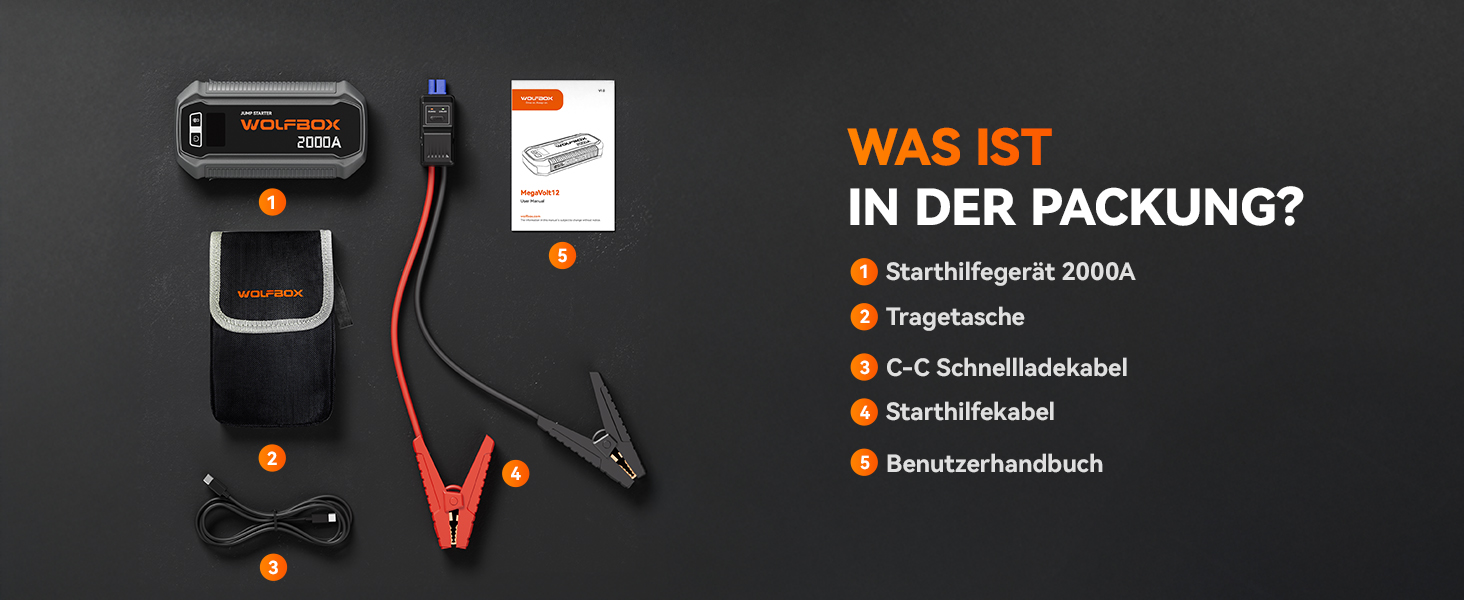 Powerbank WOLFBOX для запуску авто: 2000A, 12V, для бензину/дизеля (10L), LED-ліхтар, великий екран, кабель, бустер для SUV, вантажівок, мотоциклів