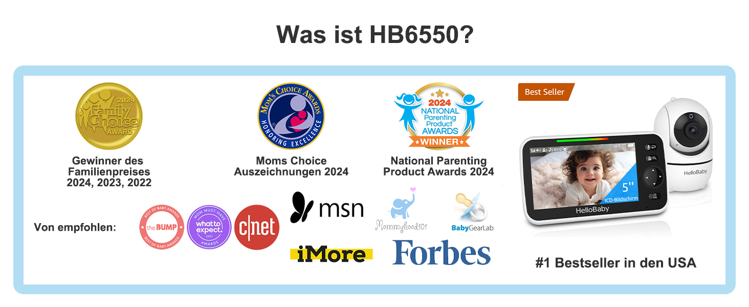 Дитячий відеоняня HelloBaby HB6550 з камерою, акумулятор 3500 mAh, 5-дюймовий екран, поворот 355°/нахил 120°, 2-сторонній аудіо, датчик температури, 8 колискових, нічне бачення