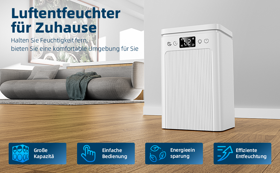 Електричний осушувач повітря 2.2L, портативний, тихий, з таймером 2-12H, 7 кольорів підсвічування, автоматичне відключення, для спальні, підвалу, ванної кімнати (білий)