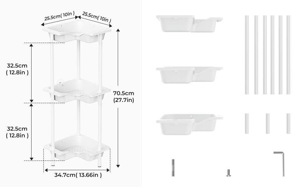 Підставка для душу OriwarE без свердління, кутова, 3 яруси, з гачками, нержавіюча сталь, пластик, білий