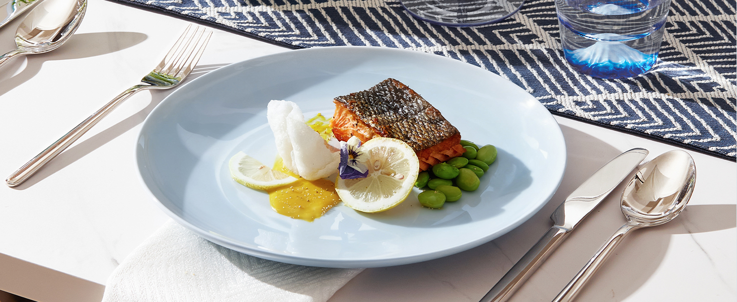 Набір посуду HIKAA на 6 осіб, 18-ти предметний сервіз з кісткового фарфору, комплект тарілок, безпечний для мікрохвильової печі та посудомийної машини, сервіз для дому, весілля, легкий та довговічний (блакитний)