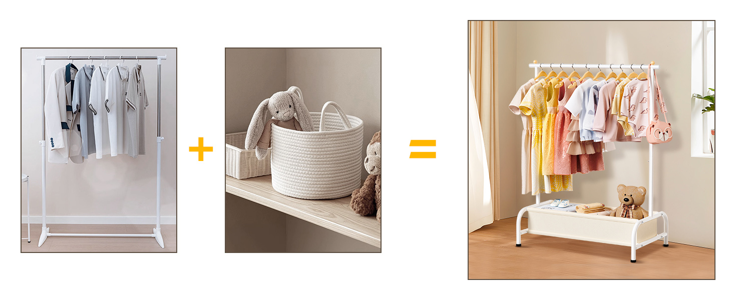 Детский вешалка для одежды MISSLO с корзиной, белая. Компактная стойка для хранения детской одежды, выдерживает большую нагрузку. Размеры: 38 x 81 x 114 см