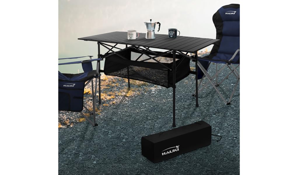 Стіл для кемпінгу Hauki Braun, розкладний, 118 x 55 x 64,5 см, алюмінієвий, з рулоючою стільницею, для відпочинку на природі, саду, балкону, подорожей, ринку, з сумкою