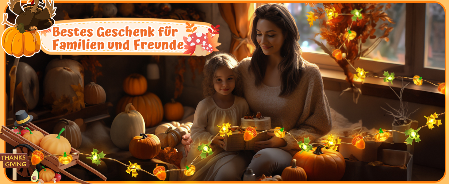 Льорочка декоративна LED, 3м, 30LED, з гарбузами, кленовим листям та жолудями для прикраси інтер'єру та екстер'єру, на батарейках. Ідеально для осіннього декору, Дня подяки, Хелловіну.