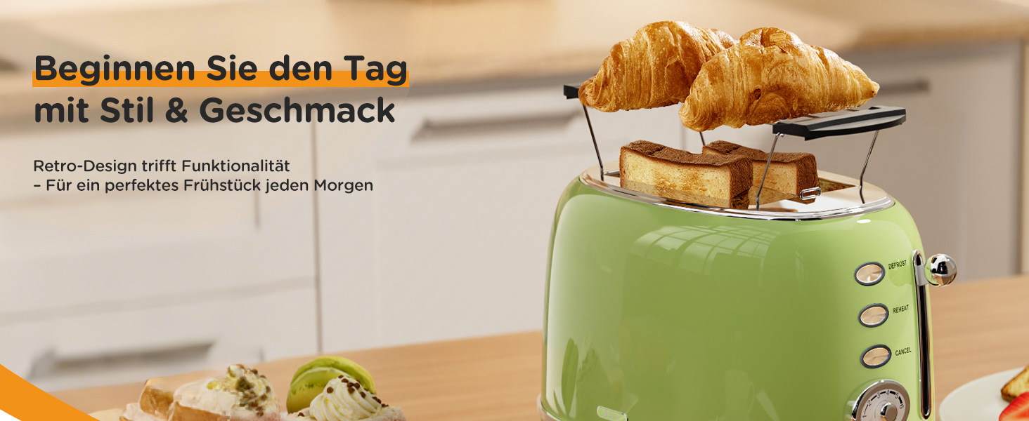 Ретро тостер на 2 шматочки з нержавіючої сталі, з підставою для бутербродів, 6 рівнів підсмажування, функція підігріву та розморожування, автоматичне відключення, ідеальний для тостів та бутербродів, TS-R008 (зелений)