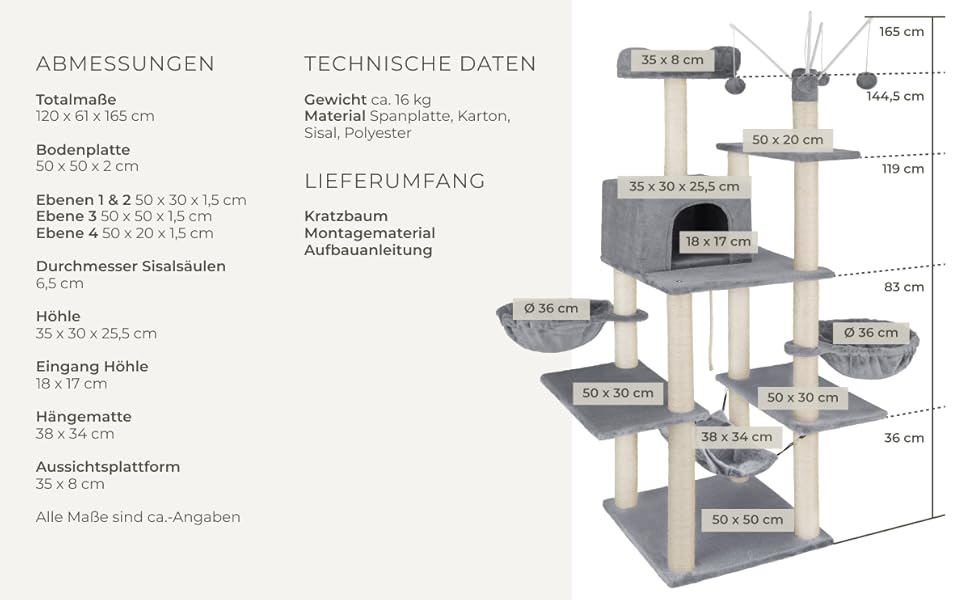 Тектейк® XXL Дерево для котів велике, з аксесуарами: лежанки, гамак, будиночок, іграшки, мотузка з сизалю, стійка для дряпання, висота 165 см, сірий | 402931