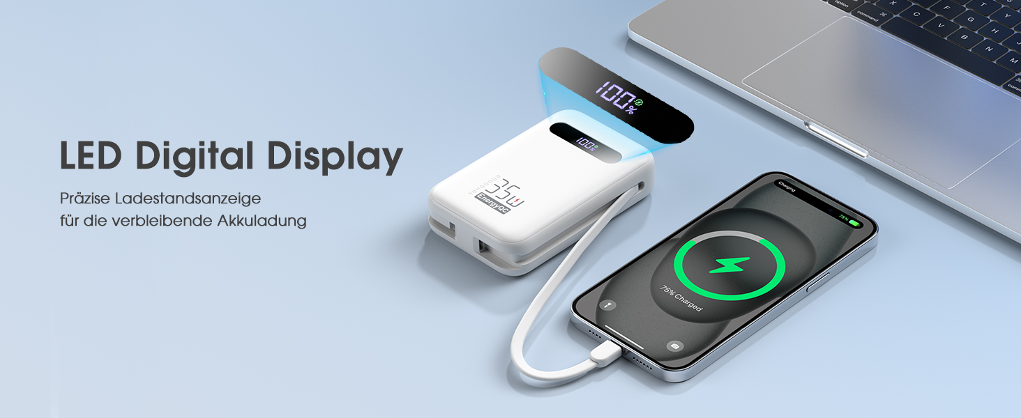 Powerbank 20000mAh з PD 35W, USB-C кабель, LED дисплеєм для iPhone, iPad, Samsung Galaxy та Huawei