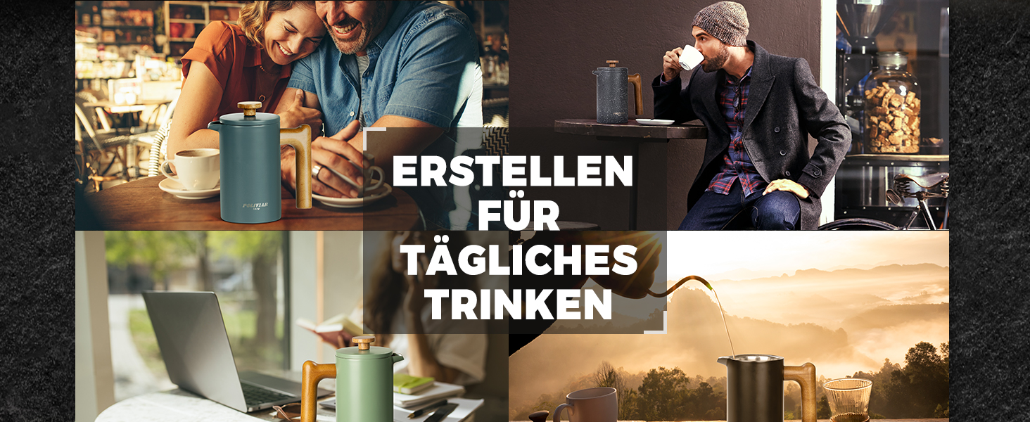 Френч-прес Poliviar 1 л / 8 чашок, з подвійними стінками, ізольований, для кави та чаю, з дерев'яною ручкою, Flatland (зелений)