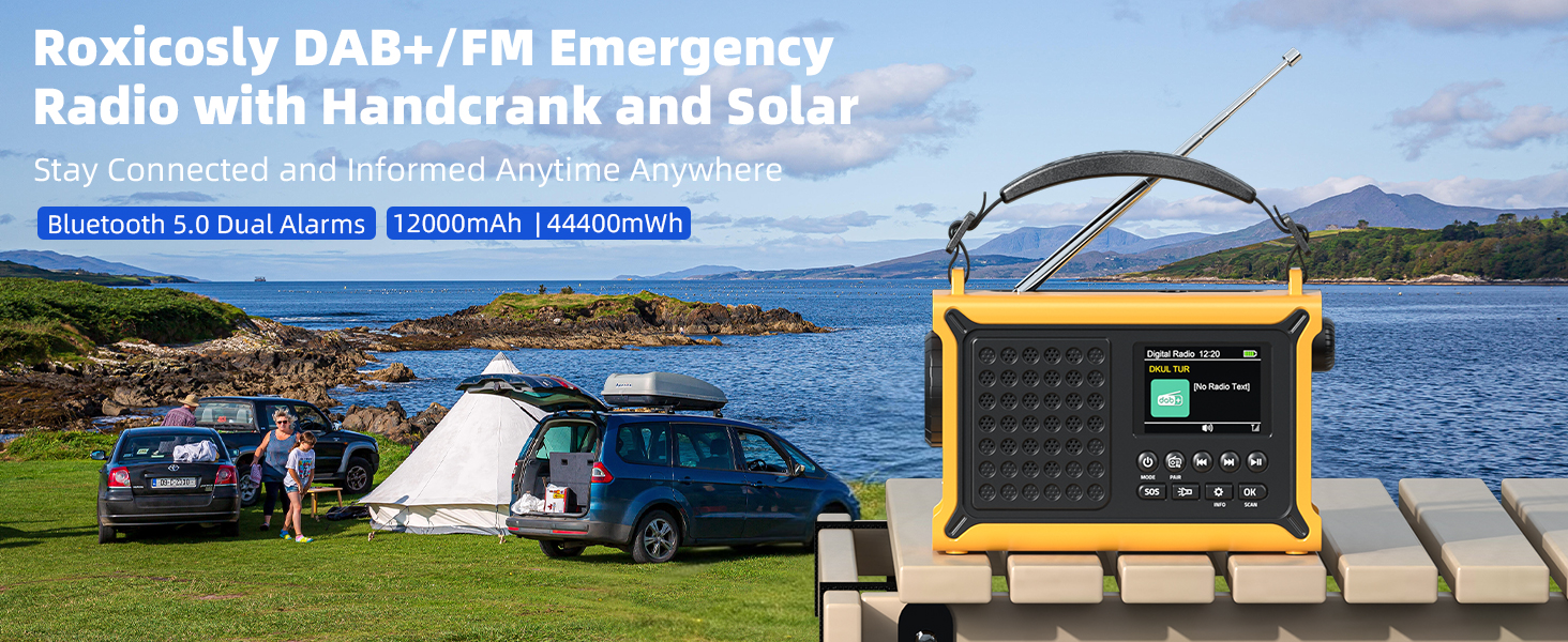 Сонячне радіо Solar Radio з ручкою, 12000mAh, DAB/DAB+/UKW, радіо для надзвичайних ситуацій з сонячною панеллю 8500мм² та ручкою 650mA, радіо з динамо, Bluetooth, ліхтарик та зарядний пристрій USB, для кемпінгу, надзвичайних ситуацій (жовте)