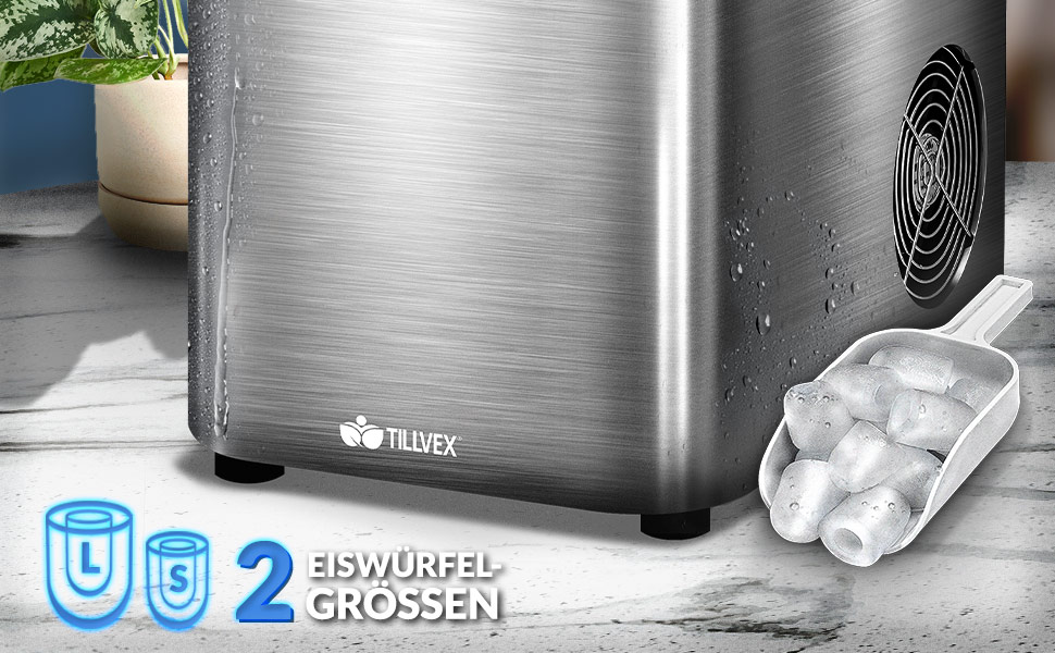 Tillvex Stainless Steel Ice Maker - 12kg Capacity, 24-Hour Production | 2.2L Water Tank, LED Display, Self-Cleaning Function | 2 Ice Cube Sizes