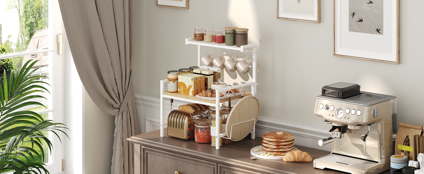 Поличка для мікрохвильової печі, кухонна поличка, 2 яруси, з підставкою для обробної дошки, органайзер з 8 гачками, коричнева, ABRBN5301