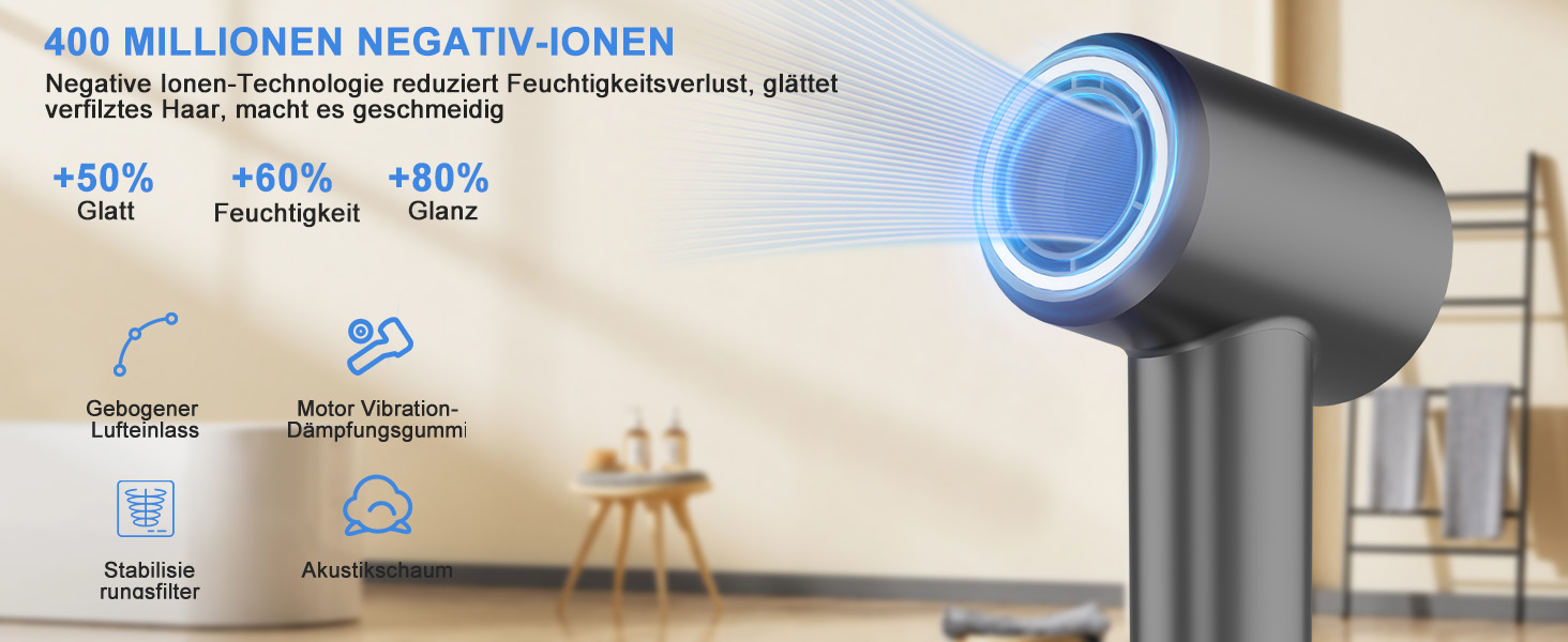 Супершвидкий фен Supersonic з іонізацією 200 млн негативних іонів, 110 000 обертів/хв безщітковий двигун, низький рівень шуму 57dB, інтелектуальна стабільна температура для подорожей та дому, чорний