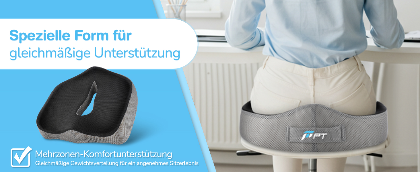 Подушка для сидіння POOTACK - для офісного крісла та авто, комфорт, піна з пам'яті, дизайн з отворами та U-подібною формою, чорний