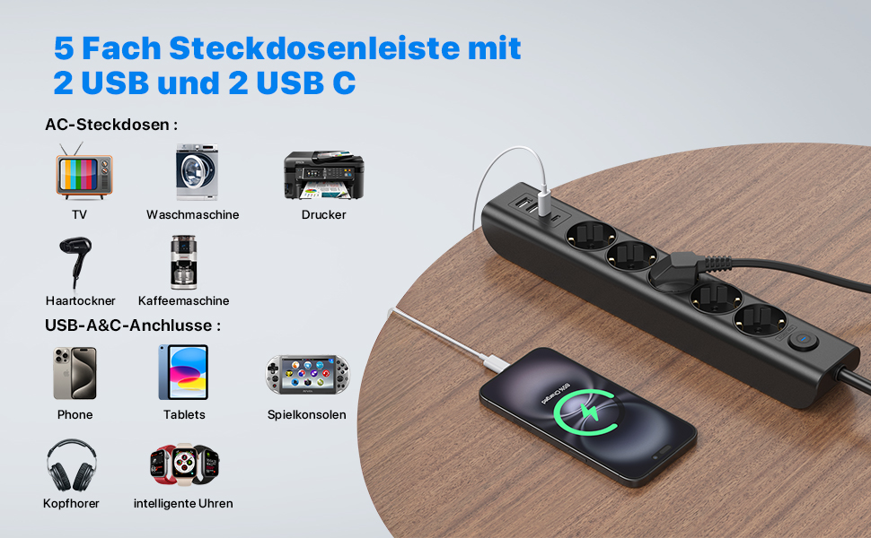 Мережевий фільтр Steckdose 8 в 1 з USB, 3680W, з вимикачем, 16A, 2 USB-C, для смартфонів, ноутбуків, iPad, 1.8M кабель, білий (чорний 5AC)