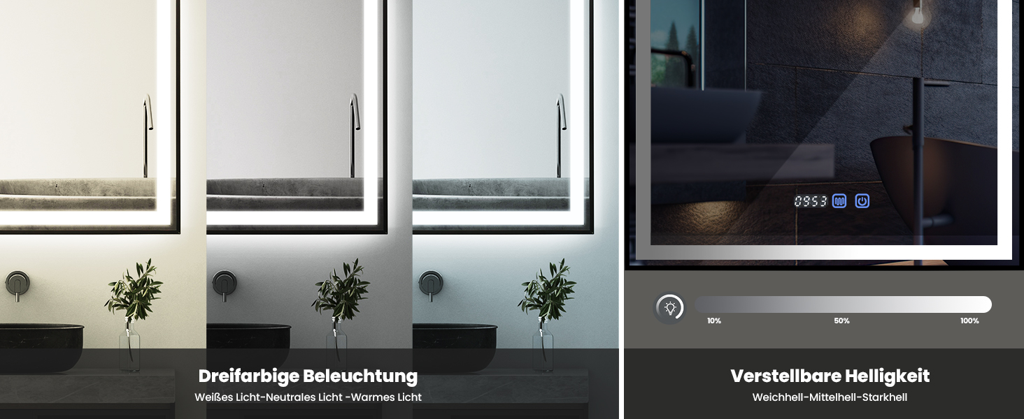 Дзеркало YOURLITE з підсвічуванням 70x50 см, LED дзеркало для ванної кімнати з сенсорним вимикачем, годинником, 3 кольори світла, регулювання яскравості, антизапарник, пам'ять, срібний (чорний, 80x60 см)