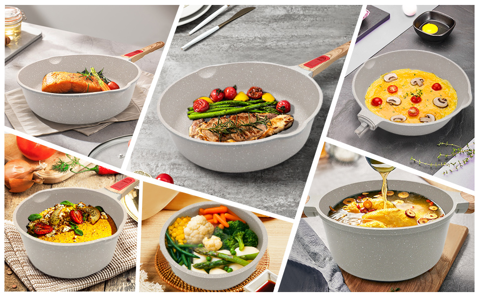 Набір посуду AIKENBBKK 10 предметів: сковороди з кришкою 20, 24, 28 см, каструля з ручкою 18 см + пароварка, каструля 4.7 л, антипригарне покриття, знімний ручка (білий)