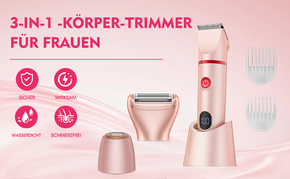 Suttik 3-в-1 тример для інтимної зони для жінок. Електричний бездротовий триммер для бікіні, вологостійкий (IPX6). Зручний подарунок (рожевий)