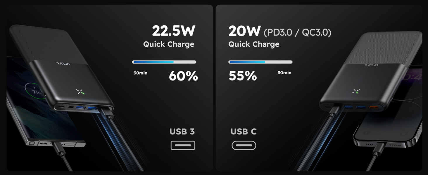 Power Bank VRURC 30000mAh 22.5W з 4 виходами та 3 входами: зарядний пристрій для iPhone, Huawei, планшетів (чорний)