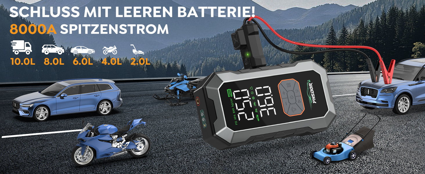 Пусковий пристрій (бустер) для авто 8000A з компресором 150 PSI та Powerbank 25000mAh, Jump Starter для бензинових та дизельних двигунів до 10.0L, з LED-ліхтарем, сріблястий