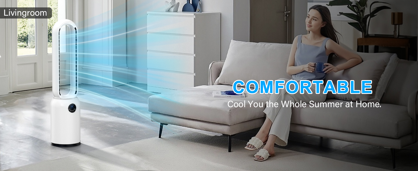 Безлопатий вентилятор з дистанційним керуванням, тихий, з LED-дисплеєм, 90° гойдання, 24 швидкості, 12H таймер, підлоговий вентилятор для дому (білий)