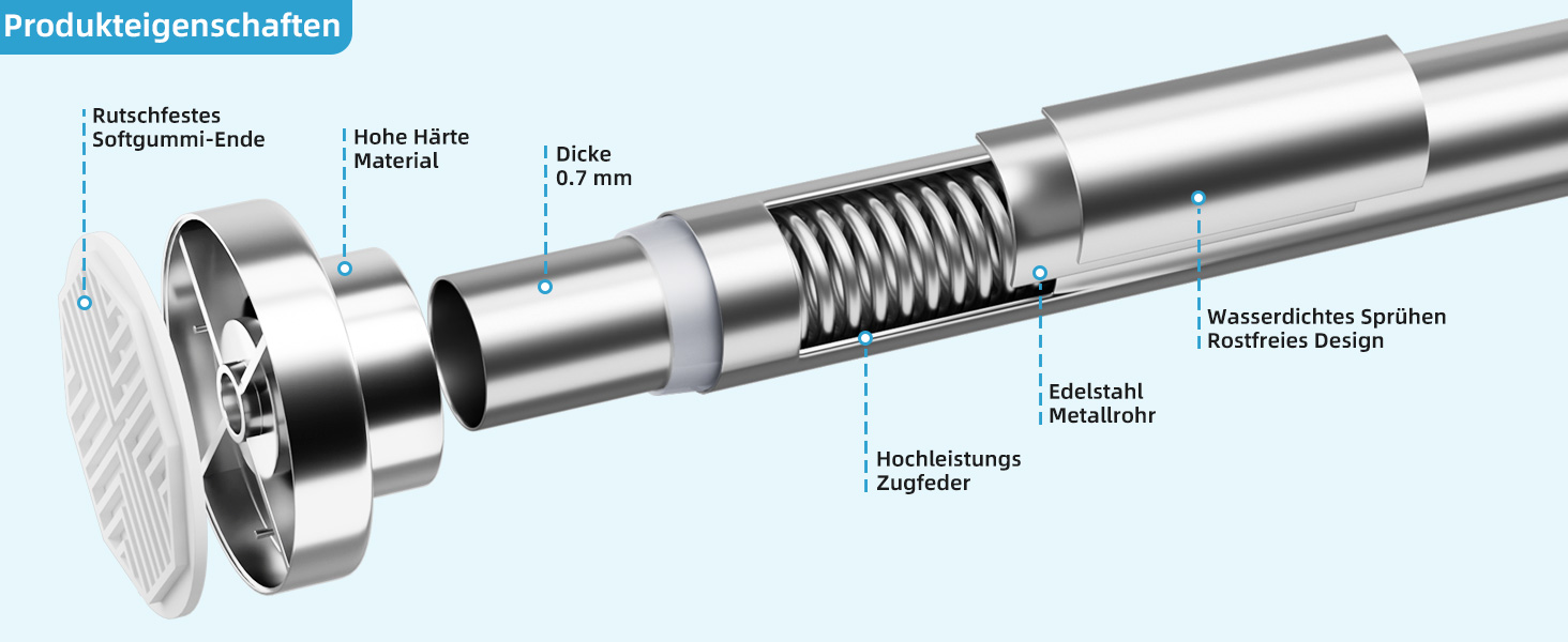 Штанга для душу без свердління з нержавіючої сталі, телескопічна, регульована, 70-195 см, для ванної кімнати, вікна, шафи, срібна